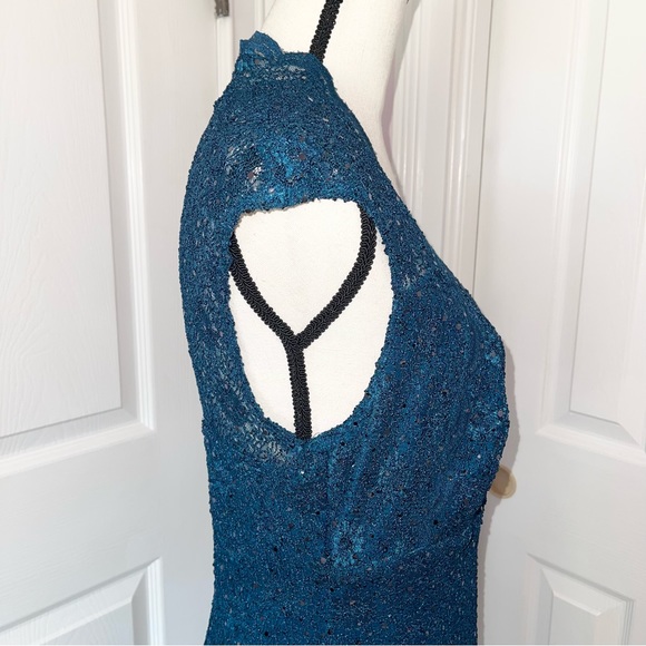 Connected Apparel teal lace and sequin sleeveless fitted evening cocktail dress - Picture 9 of 16